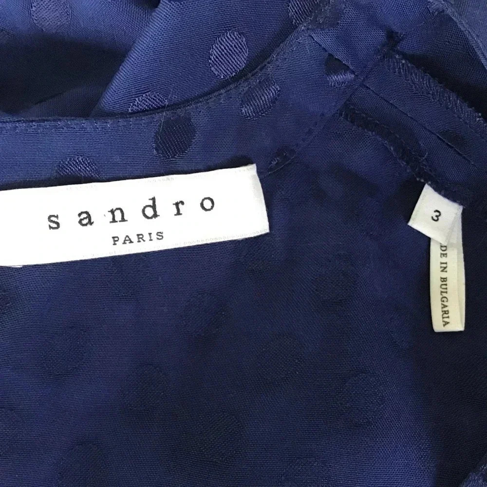 Sandro Lori navy dot dress crew neck half sleeves ties at waist Size 3 / L - Picture 7 of 11